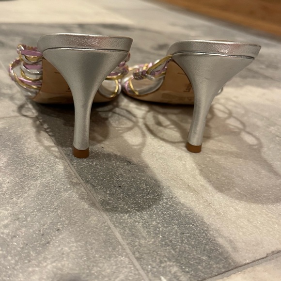 Larroude Ibiza Mules Silver Metallic Woven Braid Strap Heel Sandals size 7 - Picture 4 of 11